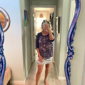 Tshirt style blouse. Blue purple orange teal. Crop sleeves.